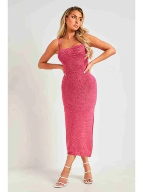 Merry See Sırt Dekolteli Bağlamalı Vücuda Oturan Diz Altı Örme Elbise Pembe Merry See MS 2953 - Alternatif Görünüm