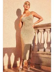 Merry See Sırt Dekolteli Bağlamalı Vücuda Oturan Diz Altı Örme Elbise Sarı Merry See MS 2953