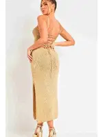 Sırt Dekolteli Bağlamalı Vücuda Oturan Diz Altı Örme Elbise Sarı Merry See MS 2953 Sarı görsel 6