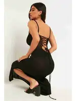 Sırt Dekolteli Bağlamalı Vücuda Oturan Diz Altı Örme Elbise Siyah Merry See MS 2953 Siyah farklı açı