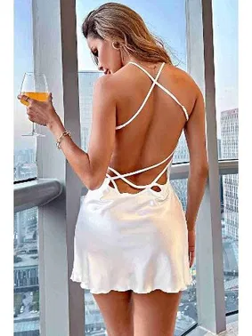 Merry See Beyaz Sırt Dekolteli Dantel İşlemeli Saten Gecelik Merry See MS2234