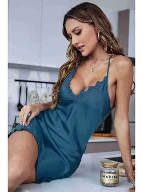 Merry See Derin Sırt Dekolteli Dantel İşlemeli Saten Gecelik Merry See MS2234