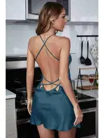 Derin Sırt Dekolteli Dantel İşlemeli Saten Gecelik Merry See MS2234 Mavi detay görünüm