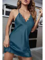 Derin Sırt Dekolteli Dantel İşlemeli Saten Gecelik Merry See MS2234 Mavi görsel 5