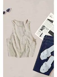 Merry See Kalın Askılı Örme Kumaş Kadın Bluz Crop Krem Merry See MS39019