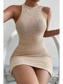 Merry See Vücuda Oturan Diz Üstü Mini Örme Elbise Krem Merry See MS2948