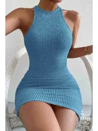 Merry See Halter Yaka Vücuda Oturan Diz Üstü Mini Örme Elbise Mavi Merry See