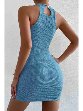 Merry See Halter Yaka Vücuda Oturan Diz Üstü Mini Örme Elbise Mavi Merry See - Alternatif Görünüm