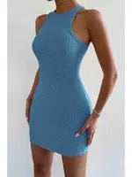 Halter Yaka Vücuda Oturan Diz Üstü Mini Örme Elbise Mavi Merry See Mavi farklı açı