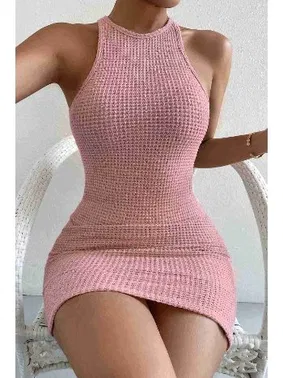 Merry See Pembe Vücuda Oturan Diz Üstü Mini Örme Elbise Merry See MS2948