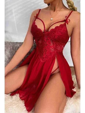 Merry See Merry See Yanlardan Bacak Dekolteli Şık Dantel Gecelik Kırmızı MS2358