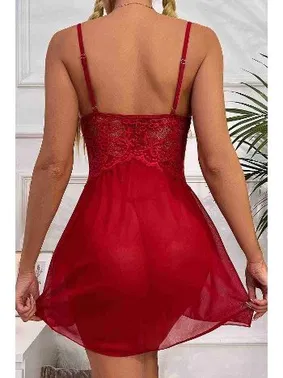 Merry See Merry See Yanlardan Bacak Dekolteli Şık Dantel Gecelik Kırmızı MS2358 - Alternatif Görünüm