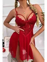 Merry See Yanlardan Bacak Dekolteli Şık Dantel Gecelik Kırmızı MS2358 Kırmızı görsel 4