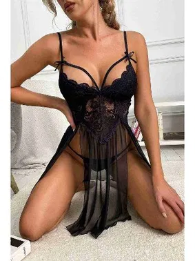 Merry See Bacak Dekolteli Dantelli Tül Fantazi Gecelik Siyah Merry See 2358