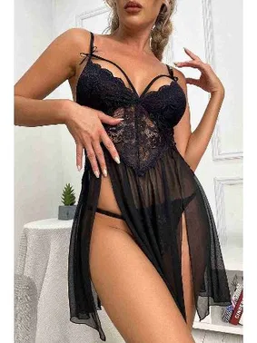 Merry See Bacak Dekolteli Dantelli Tül Fantazi Gecelik Siyah Merry See 2358 - Alternatif Görünüm