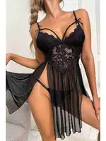 Bacak Dekolteli Dantelli Tül Fantazi Gecelik Siyah Merry See 2358 Siyah görsel 5