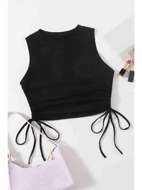 Merry See Yanları Büzgülü Kolsuz Bluz Crop Top Atlet Siyah Merry See 4579