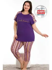 Lady Mor Desenli Büyük Beden Kısa Kol Viskon Kapri Pijama Takımı Lady 10671