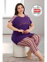 Mor Desenli Büyük Beden Kısa Kol Viskon Kapri Pijama Takımı Lady 10671 Mor detay görünüm