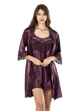 Ahu Lingerie Mürdüm Kısa İkili Saten Sabahlıklı Gecelik Takımı Ahu 7607