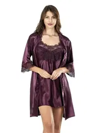 Ahu Lingerie Mürdüm Kısa İkili Saten Sabahlıklı Gecelik Takımı Ahu 7607