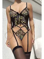 Sarı Çiçekli Siyah Fantezi Takım Night Light 3622 Siyah