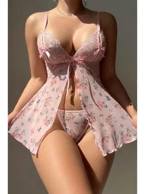 NightLight Önden Yırtmaçlı Çiçekli Erotik Gecelik NightLight 3664