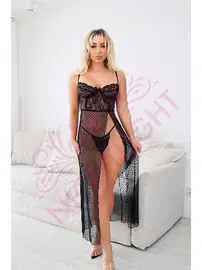 NightLight Fantazi Uzun Puantiyeli Derin Yırtmaçlı Gecelik Nightlight 3639