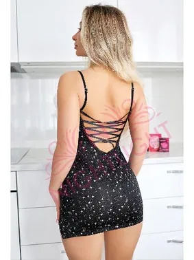 NightLight Göğüs Kısmı Peluş Yıldız Desenli Mini Seksi Gecelik Nightlight 1073 - Alternatif Görünüm