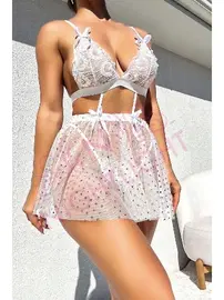 NightLight Nightlight Yıldız Desenli Beyaz Fantazi Mini Gecelik 3616