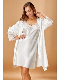 Nurteks Nurteks 5336 Saten Kimono Dantelli Takım Ekru