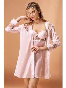 Nurteks Nurteks Kaplı Saten Kimono Takım Pudra 5384