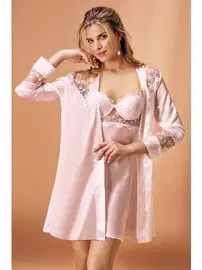Nurteks Nurteks Kaplı Saten Kimono Takım Pudra 5384