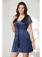 Önden Bağlamalı Saten Dantelli 3Lü Şort Sabahlık Takım Pierre Cardin 2480 Lacivert görsel 29