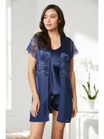 Önden Bağlamalı Saten Dantelli 3Lü Şort Sabahlık Takım Pierre Cardin 2480 Lacivert görsel 30