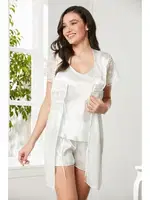 Önden Bağlamalı Saten Dantelli 3Lü Şort Sabahlık Takım Pierre Cardin 2480 Ekru görsel 28