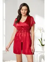 Önden Bağlamalı Saten Dantelli 3Lü Şort Sabahlık Takım Pierre Cardin 2480 Kırmızı görsel 24