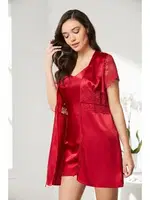 Önden Bağlamalı Saten Dantelli 3Lü Şort Sabahlık Takım Pierre Cardin 2480 Kırmızı görsel 21