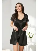 Önden Bağlamalı Saten Dantelli 3Lü Şort Sabahlık Takım Pierre Cardin 2480 Siyah görsel 16