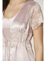 Önden Bağlamalı Saten Dantelli 3Lü Şort Sabahlık Takım Pierre Cardin 2480 Pudra görsel 7