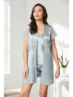 Önden Bağlamalı Saten Dantelli 3Lü Şort Sabahlık Takım Pierre Cardin 2480 detay görünüm