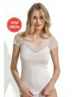 Önü Dantel Detaylı V Yaka Kadın Pamuklu Modal Esnek Yumuşak Atlet Özkan 26947  Ekru görsel 5