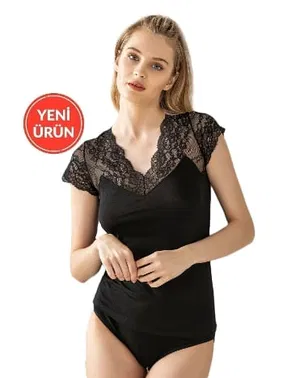 Özkan Önü Dantel Detaylı V Yaka Kadın Pamuklu Modal Esnek Yumuşak Atlet Özkan 26947 