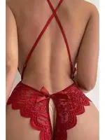 Özel Bölgesi Açık Fiyonklu Dantel Fantazi Kadın Body For Dreams 8458 Kırmızı farklı açı