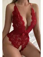 Özel Bölgesi Açık Fiyonklu Dantel Fantazi Kadın Body For Dreams 8458 Kırmızı görsel 4