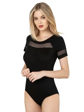 Özkan Özkan 26834 Kadın Ring Viskon Kisa Kollu Tül Detaylı Esnek Rahat Kancalı Çıtçıtlı Body Zibin