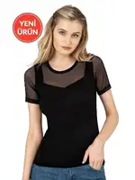 Premium Ring Viskon Bisiklet Yaka Tül Detaylı Kisa Kollu Örme T-Shirt Özkan 26981 Siyah