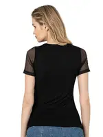 Premium Ring Viskon Bisiklet Yaka Tül Detaylı Kisa Kollu Örme T-Shirt Özkan 26981 Siyah detay görünüm