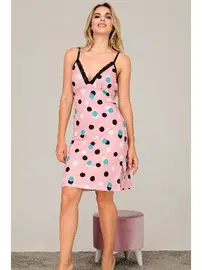 Lady Pamuklu Siyah Dantelli Pembe Puantiyeli Gecelik Lady 6510