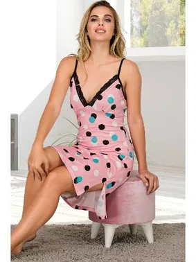 Lady Pamuklu Siyah Dantelli Pembe Puantiyeli Gecelik Lady 6510 - Alternatif Görünüm
